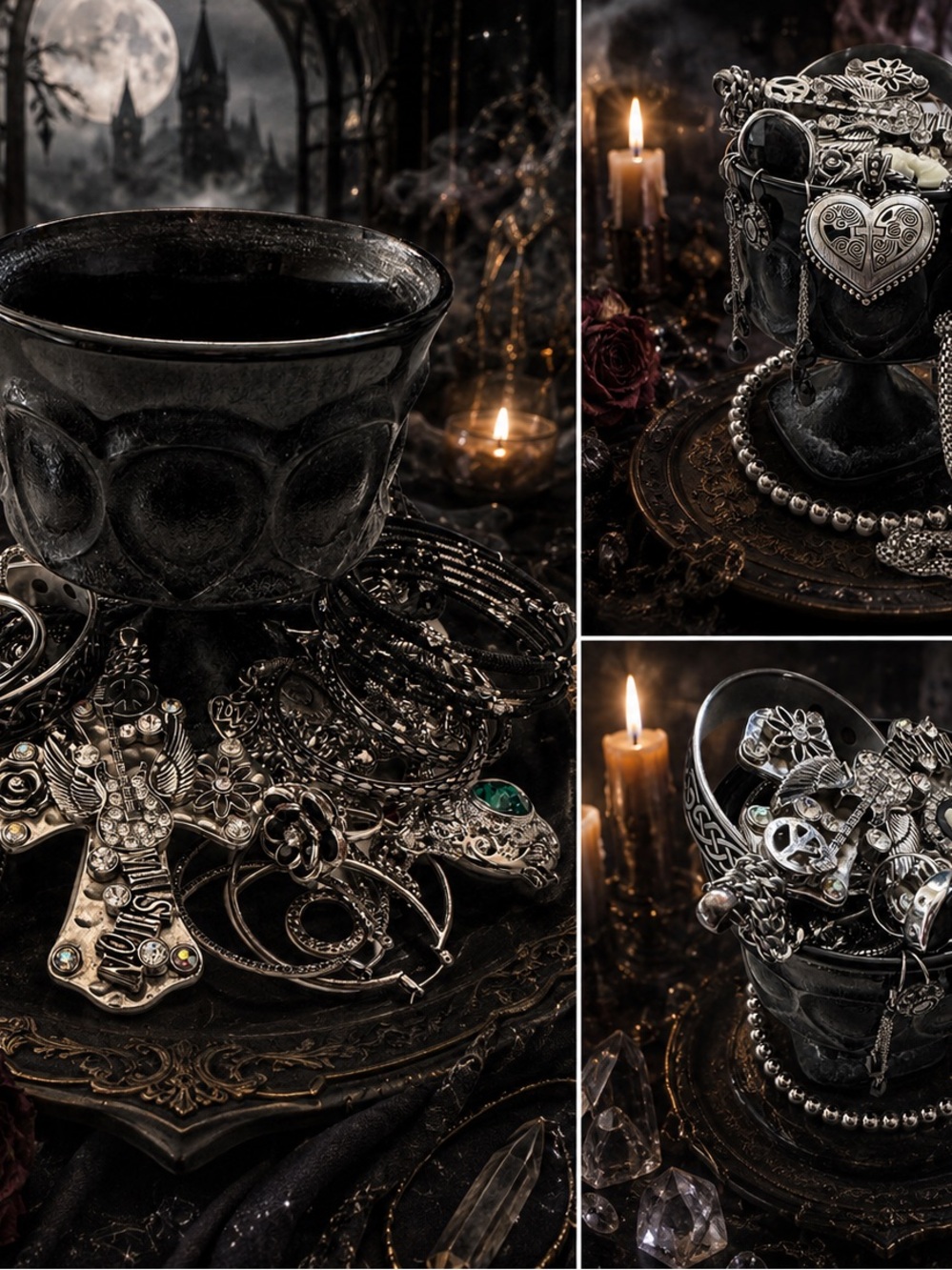 Dark Gothic Silver Charm Cup with Assorted Silver Jewelry